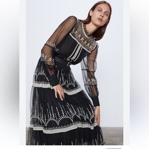 Zara Black and White Embroidered Dress